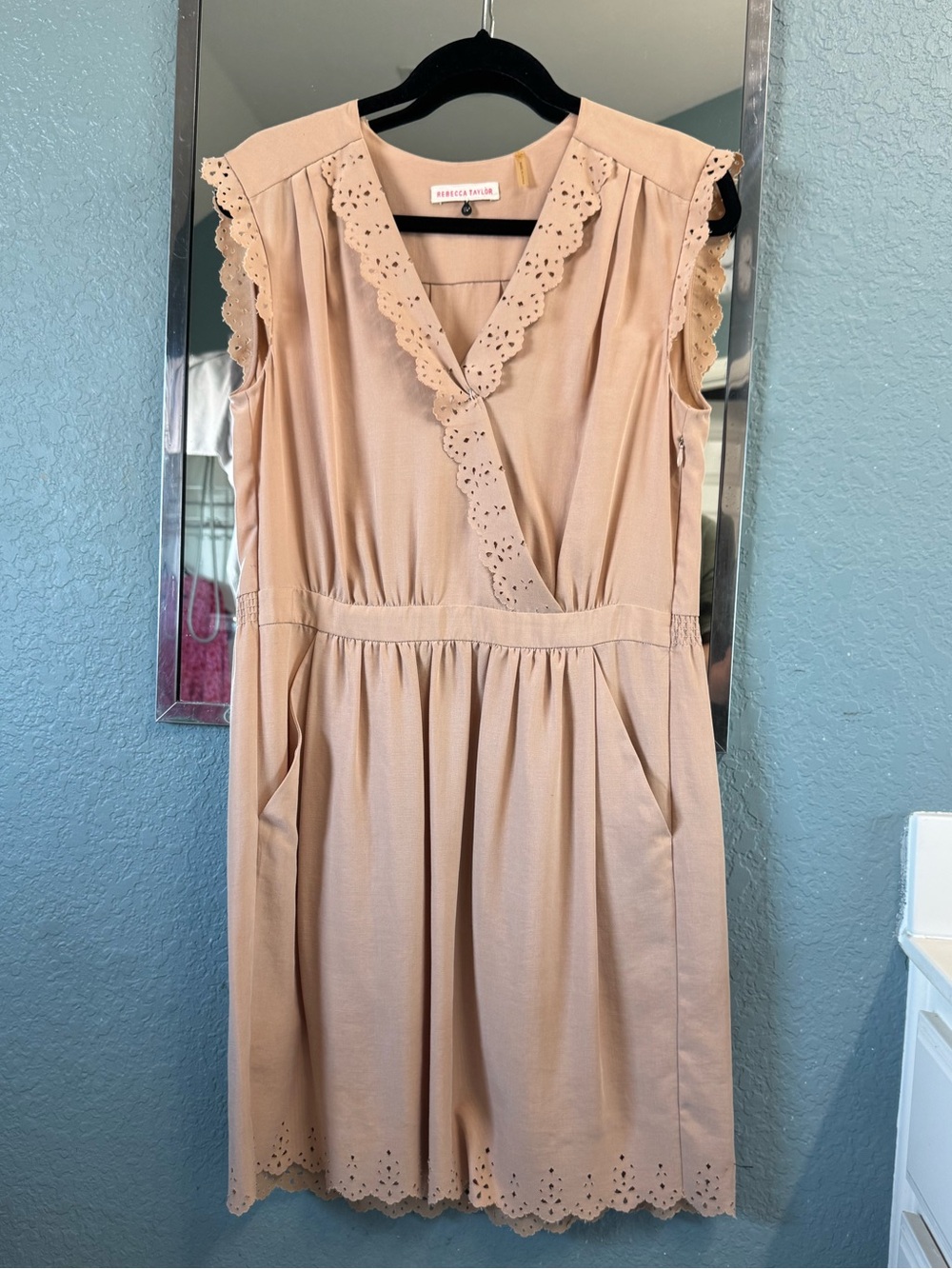 Rebecca Taylor Scallop Pockete Blush Eyelet-Trim Sleeveless Faux Wrap Dress